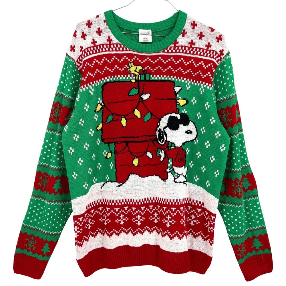 Peanuts Mens Ugly Christmas Sweater Green Snoopy Joe Cool Doghouse Fair Isle XL